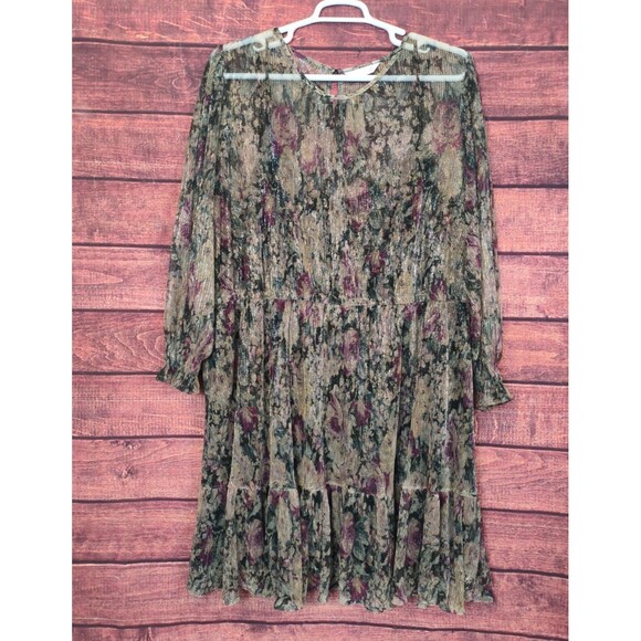 LC Lauren Conrad Dresses & Skirts - LC Lauren Conrad Sz 3X Floral Gold Metall Chiffon Sheer Sleeve Tiered Mini Dress
